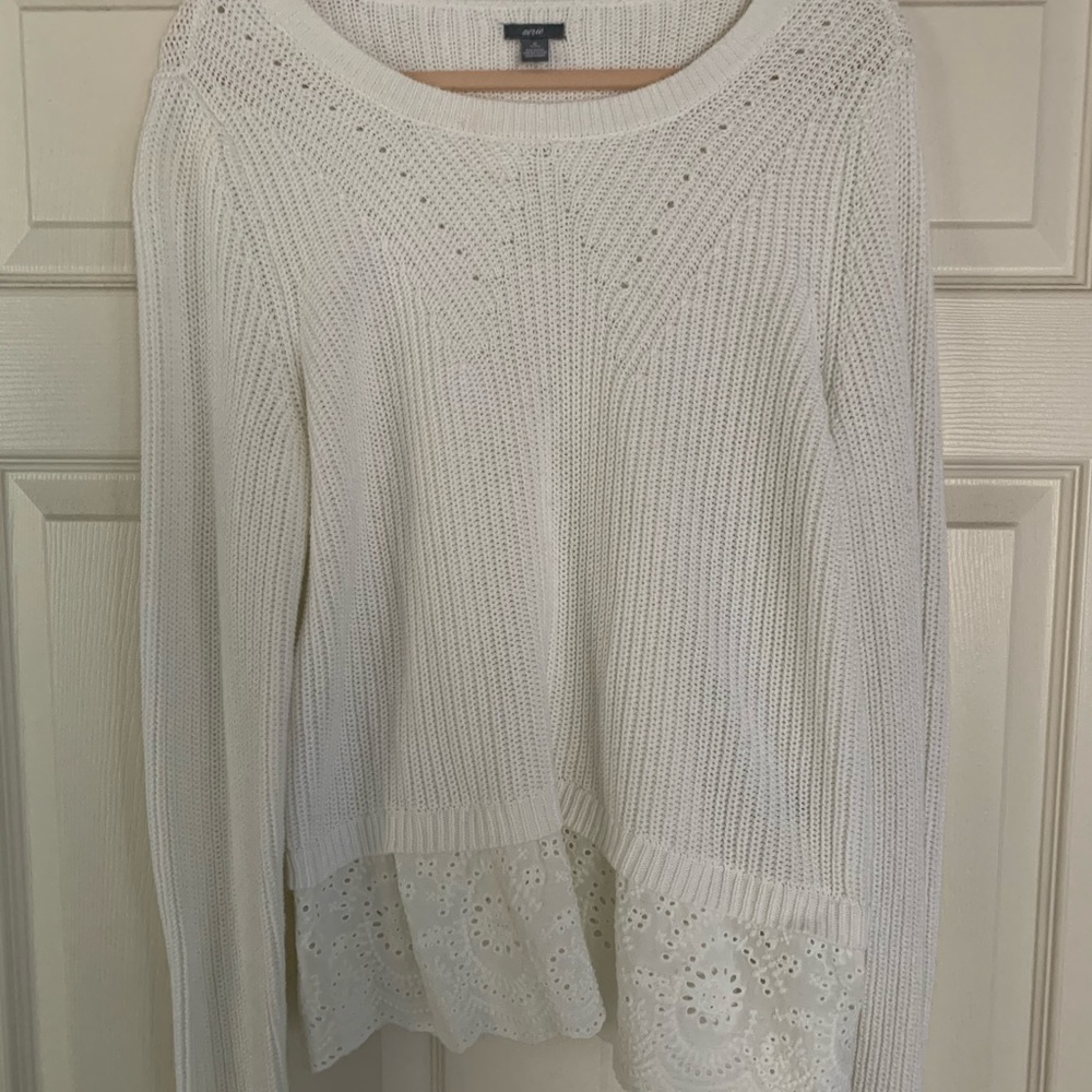 Beautiful White Aerie Sweater with Embroidered Hem